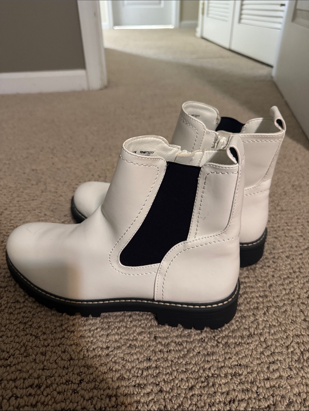 White Chelsea Boots with Black Elastic Panels and Zipper